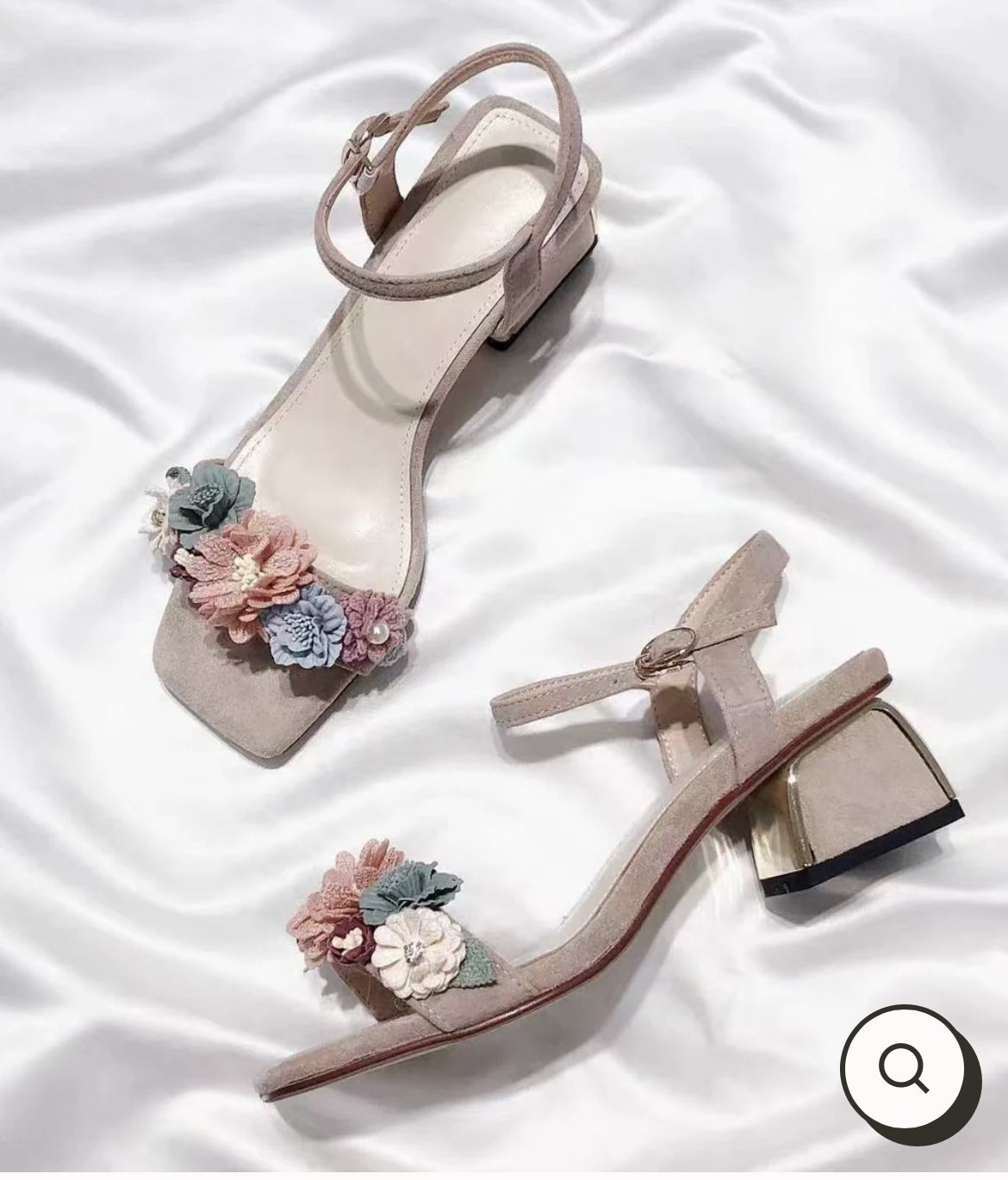 Women Apricot Floral Chunky Heel Sandals | Peep Toe Party Wear | ShehniStyle