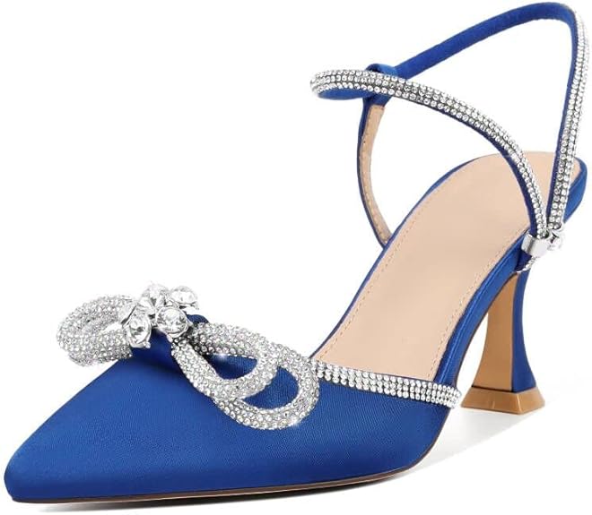 Susanny Women’s Closed Toe Rhinestone Slingback Heels | Clear Kitten Heel Bow Pumps Adjustable Strap Pointed Toe Wedding & Prom Shoes | ShehniStyle