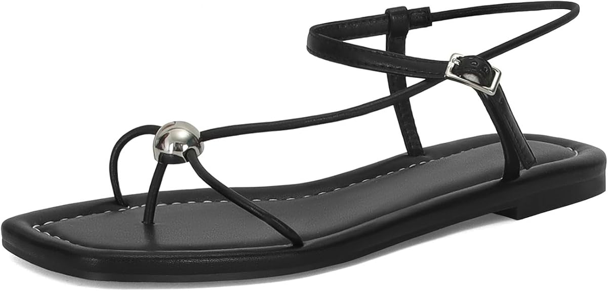 Strappy Flat Sandals for Women Comfortable Open Square Toe Sandals Dressy Beach Thong Flip Flop Slides Sandals