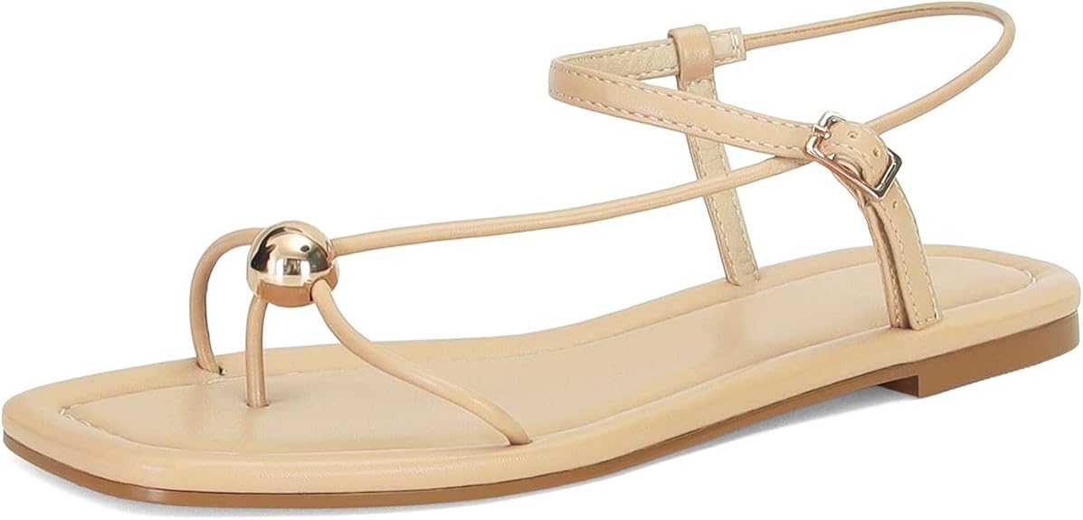 Strappy Flat Sandals for Women Comfortable Open Square Toe Sandals Dressy Beach Thong Flip Flop Slides Sandals