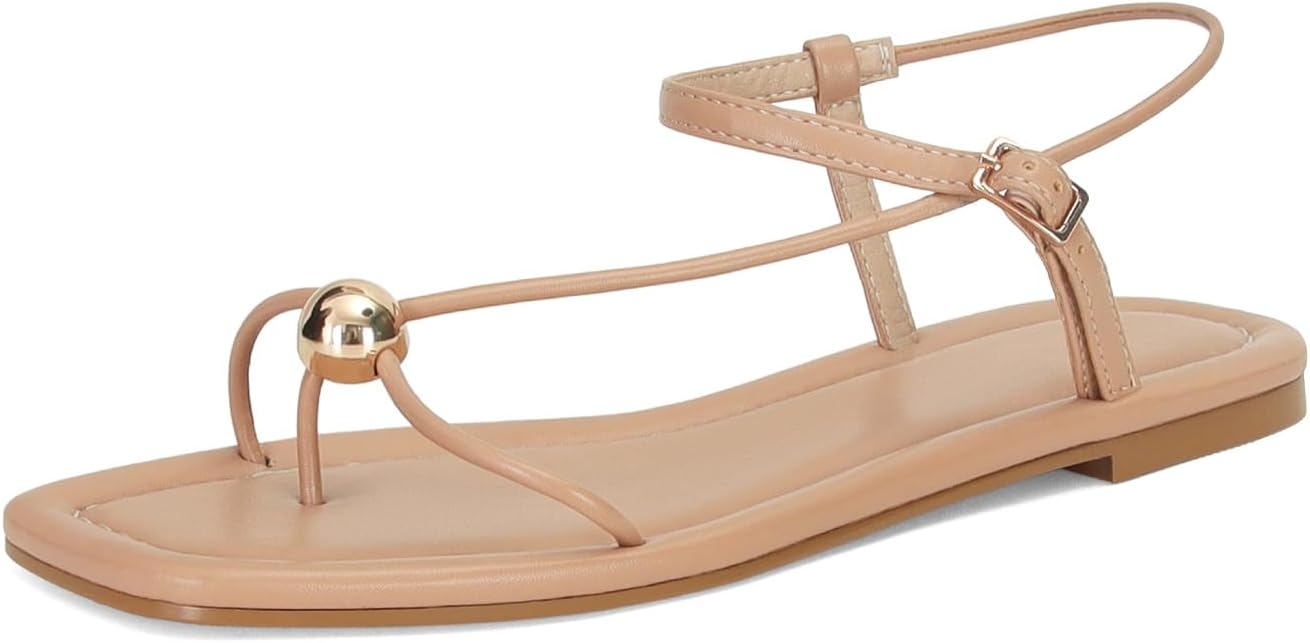 Strappy Flat Sandals for Women Comfortable Open Square Toe Sandals Dressy Beach Thong Flip Flop Slides Sandals