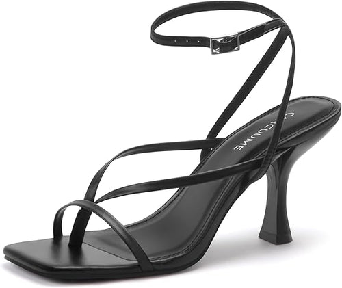 Carcuume Womens Kitten Heels Square Toe Thong Strappy Ankle Strap Stiletto Heel Sandals