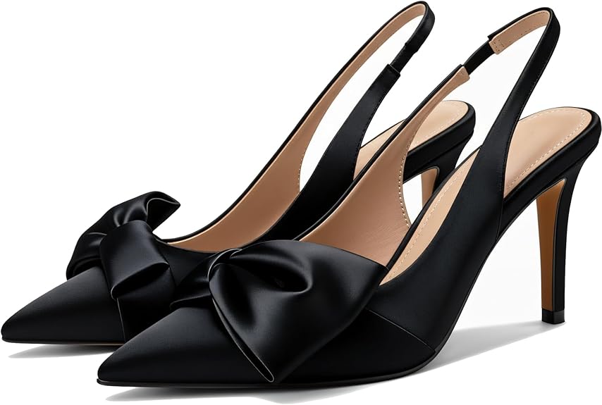 Women’s Slingback Heels with Bow | Pointed Toe Pumps 3.3” High Heel Elastic Strap Dress Shoes | Elegant Evening Wear Sandals in Pakistan | ShehniStyle