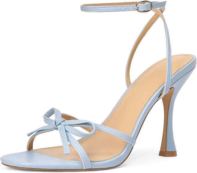 iiimmu Women's Bow Heels 4 IN Stiletto Heeled Sandals for Women Round Open Toe Sandals Elegant Summer Heels Soft PU Leather/Faux Suede