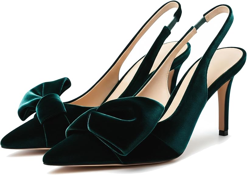 Women’s Slingback Heels with Bow | Pointed Toe Pumps 3.3” High Heel Elastic Strap Dress Shoes | Elegant Evening Wear Sandals in Pakistan | ShehniStyle