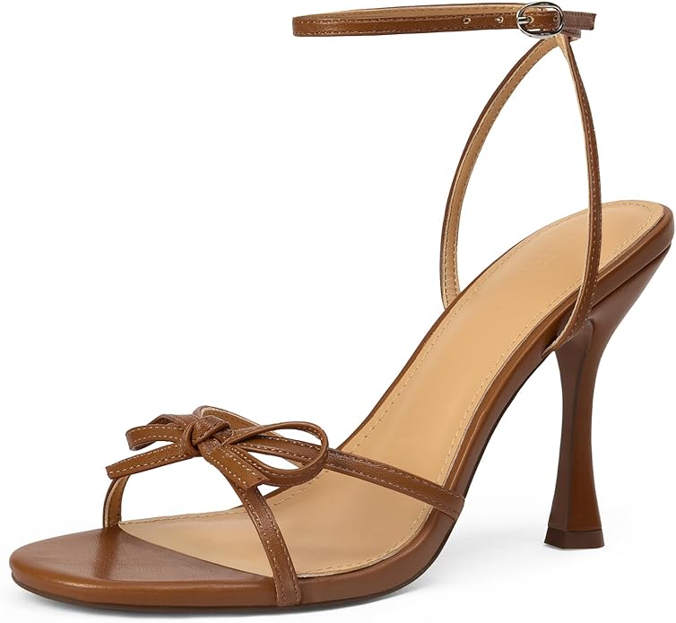 iiimmu Women's Bow Heels 4 IN Stiletto Heeled Sandals for Women Round Open Toe Sandals Elegant Summer Heels Soft PU Leather/Faux Suede