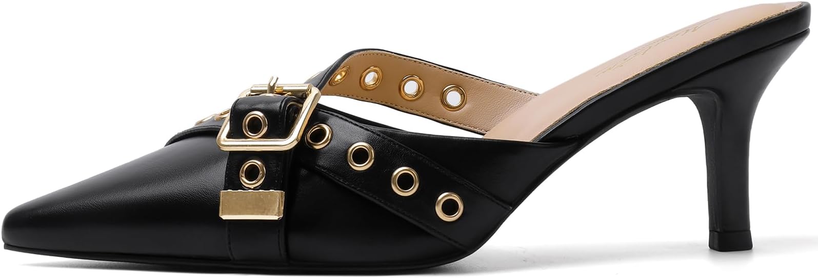 Mostrin Kitten Mules Heels for Women | Pointed Closed Toe Slip-On Vintage Dressy Pumps | Elegant Low Stiletto Heel Shoes in Pakistan | ShehniStyle
