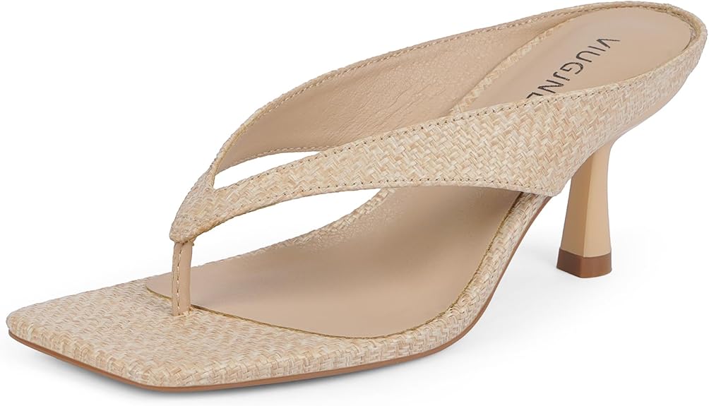 VIUGJNEX Women’s Kitten Heels Flip Flops Slip On Open Toe Low Heels Thong Square Slide Summer Fashion Party Heeled Dressy Sandals for Women