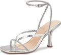 Carcuume Womens Kitten Heels Square Toe Thong Strappy Ankle Strap Stiletto Heel Sandals