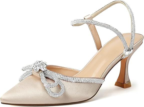Susanny Women’s Closed Toe Rhinestone Slingback Heels | Clear Kitten Heel Bow Pumps Adjustable Strap Pointed Toe Wedding & Prom Shoes | ShehniStyle