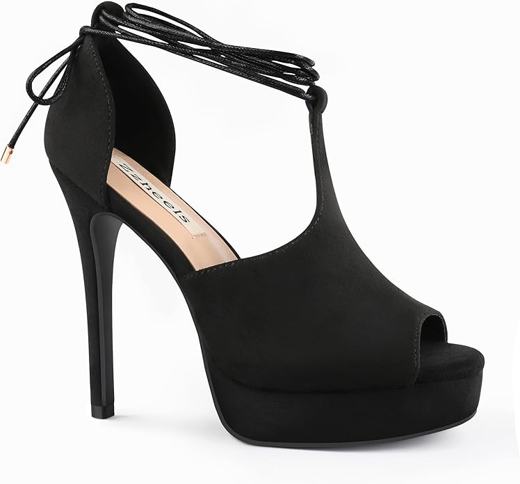 Zzheels Women's Peep Toe Platform High Heel Sandals T-Strap Lace Up Ankle Stiletto Heels Dress Pumps for Party Prom