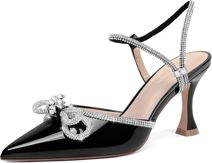 Susanny Women’s Closed Toe Rhinestone Slingback Heels | Clear Kitten Heel Bow Pumps Adjustable Strap Pointed Toe Wedding & Prom Shoes | ShehniStyle