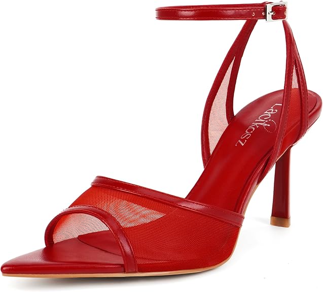 LACIKOSZ Mesh High Heels Womens Strappy Sandals Wedding Bride Dressy Shoes Pointed Toe Ankle Strap Sandals