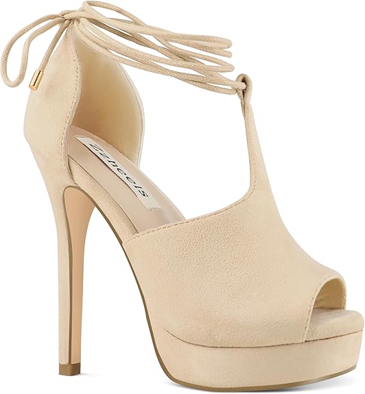 Zzheels Women's Peep Toe Platform High Heel Sandals T-Strap Lace Up Ankle Stiletto Heels Dress Pumps for Party Prom