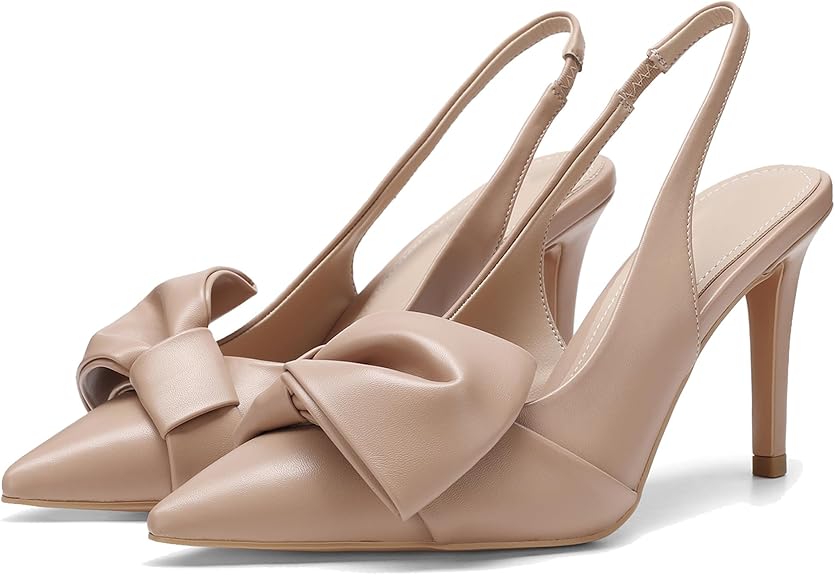 Women’s Slingback Heels with Bow | Pointed Toe Pumps 3.3” High Heel Elastic Strap Dress Shoes | Elegant Evening Wear Sandals in Pakistan | ShehniStyle