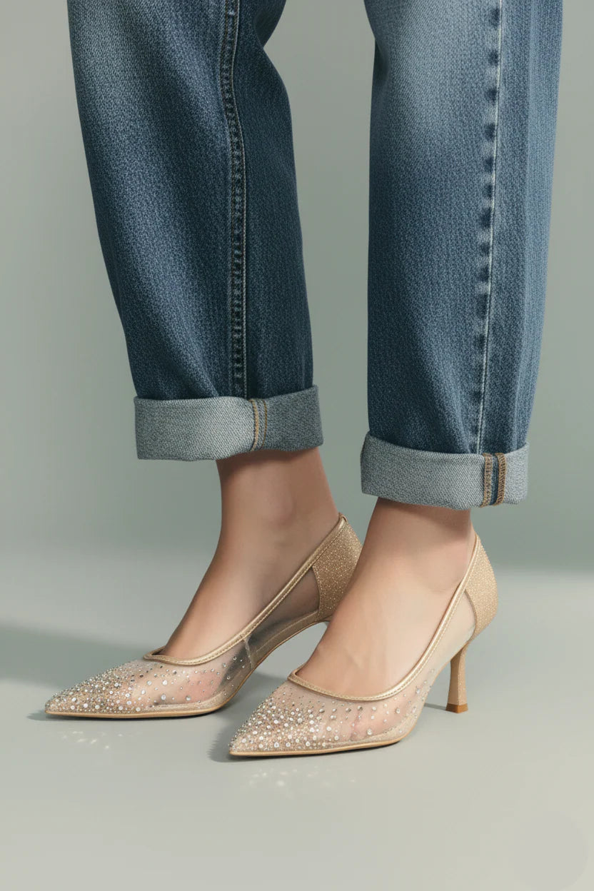 Women Gold Court Shoes | Stylish Party Wear Heels | ShehniStyle